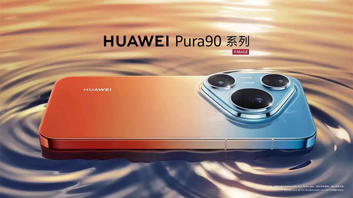 Konsep render komersial Huawei Pura 90S yang diletakkan di atas permukaan air bergelombang emas dengan tulisan mandarin.