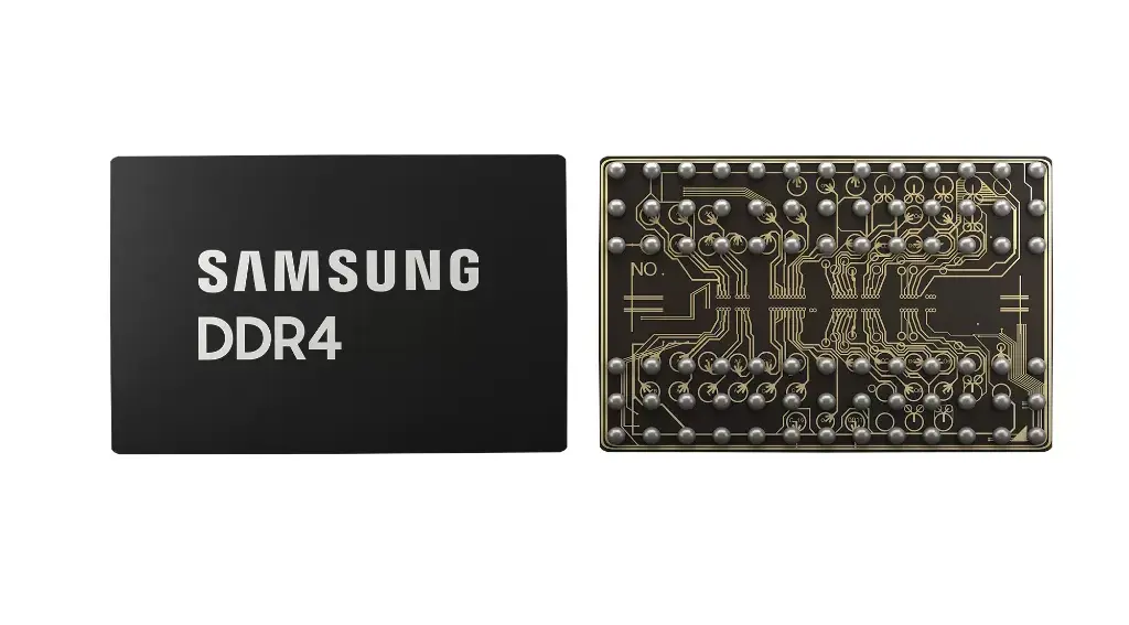 Desain sirkuit chip memori tunggal Samsung DDR4 tampak dari atas dan bawah (jalur pin solder).