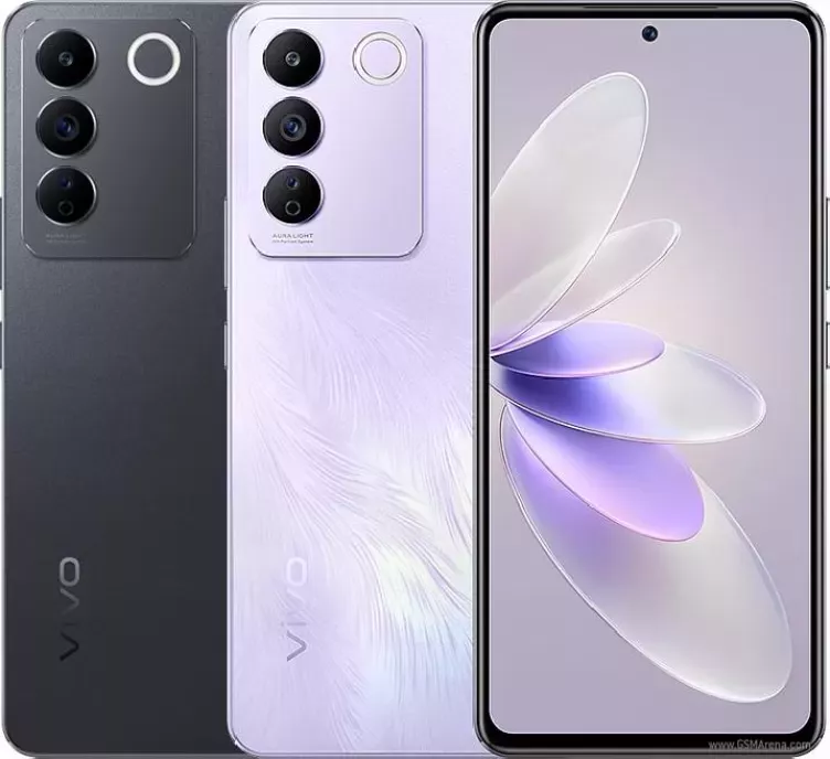 Deretan warna bodi Vivo V Series varian hitam abu-abu dan ungu lavender bermotif bulu halus bersama tampilan layar depannya yang jernih.