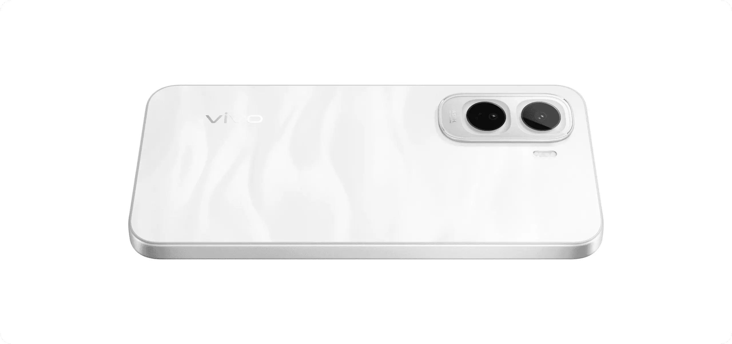 Smartphone Vivo Y500 berwarna putih diletakkan dalam posisi horizontal mendatar, memperlihatkan ketipisan bodi dan detail housing kamera belakang.