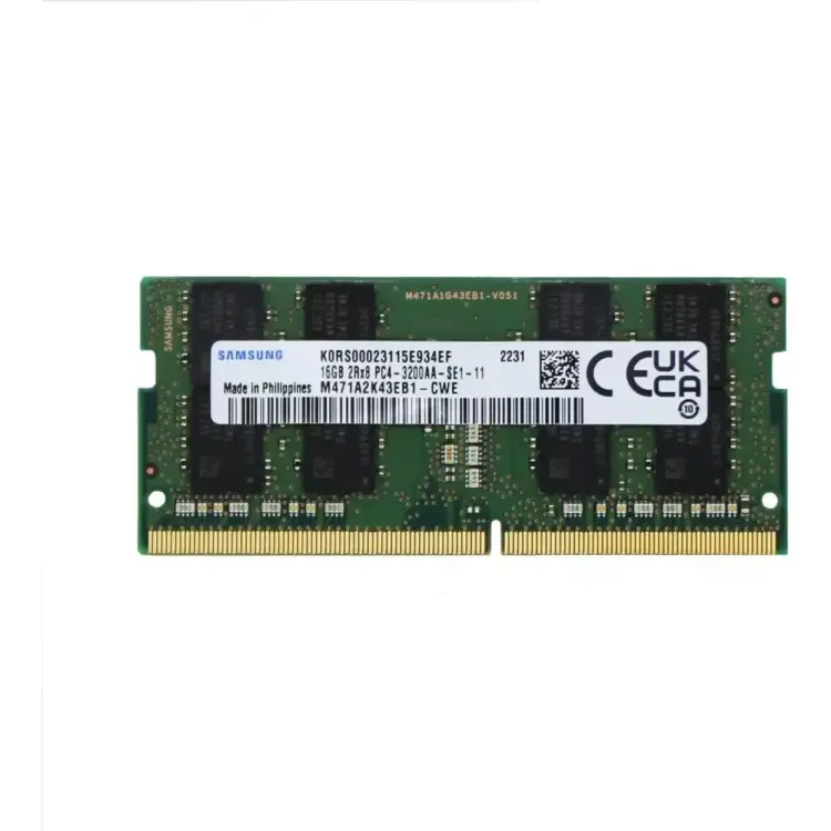 Kepingan memori RAM DDR4 Samsung berkapasitas 16GB dual rank untuk upgrade laptop.