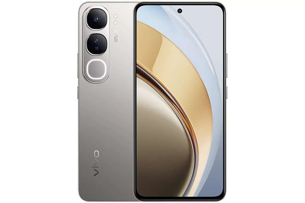 Sisi depan dan belakang smartphone Vivo V Series warna silver champagne dengan bodi ramping dan layar lengkung premium.