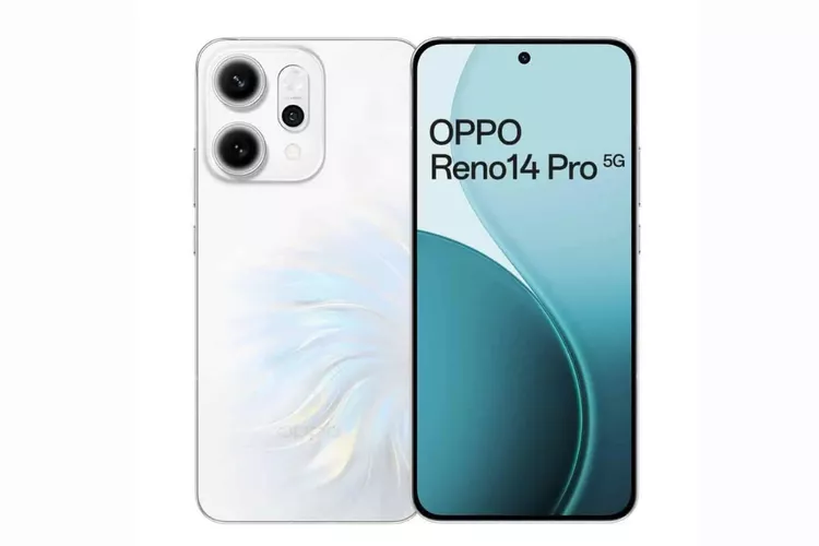Desain render resmi HP OPPO Reno14 Pro 5G berwarna putih dengan corak bulu estetik dan modul triple camera di bagian belakang bersanding dengan layar punch-hole bagian depan.