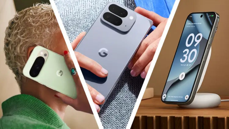 Kolase foto smartphone Google Pixel 11 yang memperlihatkan varian warna hijau, abu-abu, dan pengisian daya nirkabel.
