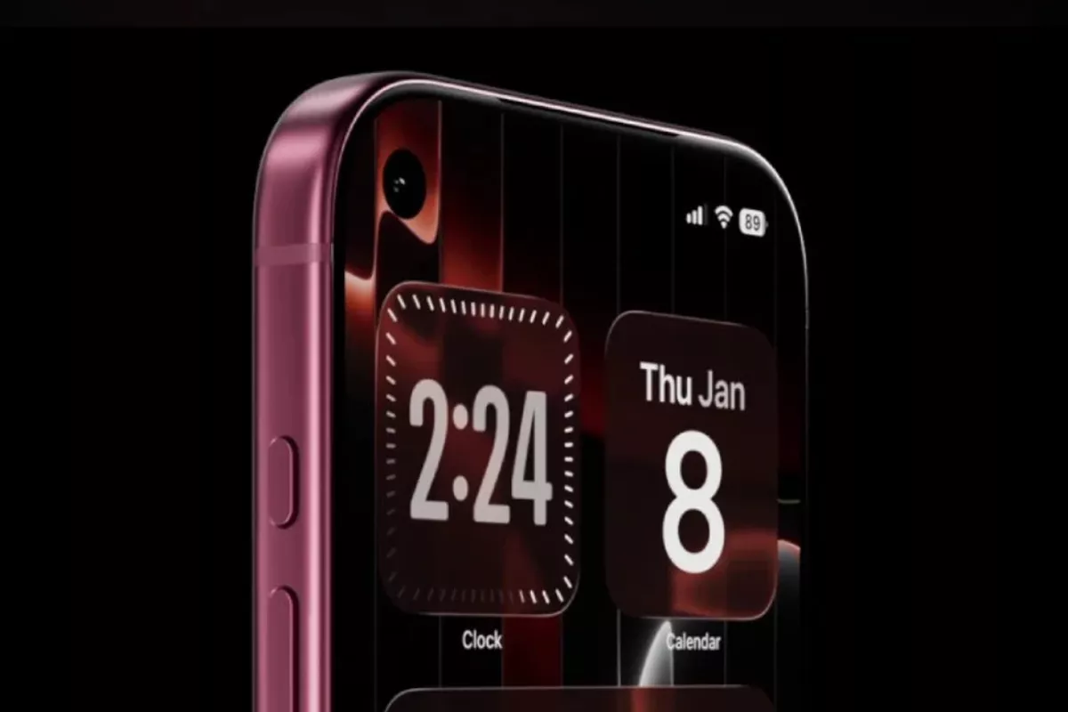 Detail sudut atas layar depan iPhone 18 Pro Max dengan desain punch hole kamera selfie dan widget jam digital transparan.
