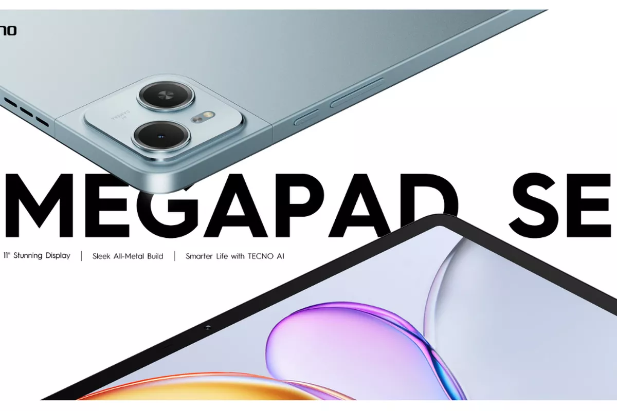 Teaser resmi tablet TECNO Megapad SE dengan bodi metal tipis dan dukungan teknologi AI