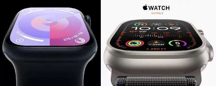 Dua jam tangan pintar dengan layar tajam menampilkan antarmuka jam digital dan analog.