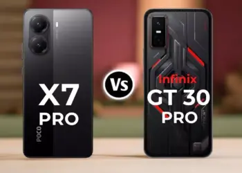 Perbandingan tampilan bodi belakang smartphone antara Infinix GT 30 Pro dan Poco X7 Pro.