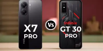 Perbandingan tampilan bodi belakang smartphone antara Infinix GT 30 Pro dan Poco X7 Pro.