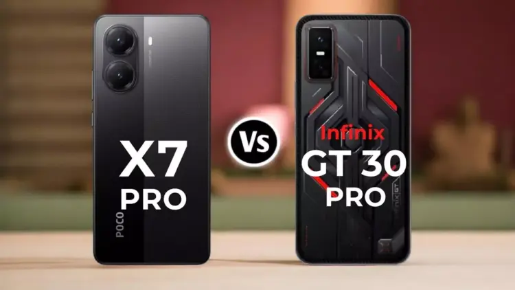 Perbandingan tampilan bodi belakang smartphone antara Infinix GT 30 Pro dan Poco X7 Pro.