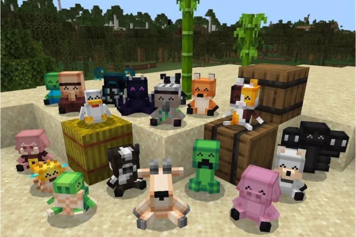 Kumpulan boneka karakter mob Minecraft seperti Creeper, Babi, Serigala, dan Villager berkumpul bersama