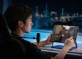 Seorang gamer pria sedang bermain game FPS (First-Person Shooter) menggunakan tablet iQOO yang diletakkan di atas stand meja saat malam hari.