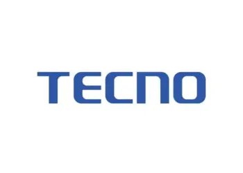 Logo resmi brand teknologi global TECNO berwarna biru dengan latar belakang putih