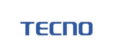 Logo resmi brand teknologi global TECNO berwarna biru dengan latar belakang putih