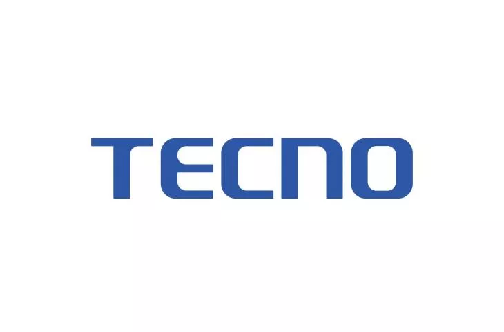 Logo resmi brand teknologi global TECNO berwarna biru dengan latar belakang putih
