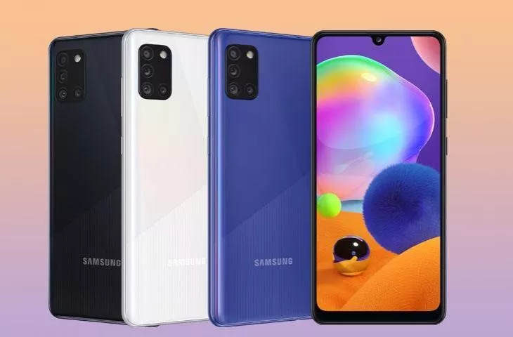 Tampilan Samsung Galaxy A31 pilihan warna hitam, putih, dan biru beserta layar depannya.