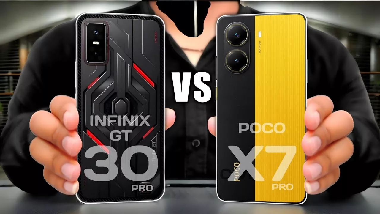 Tangan memegang Infinix GT 30 Pro dan Poco X7 Pro dengan variasi warna kuning-hitam untuk dibandingkan.
