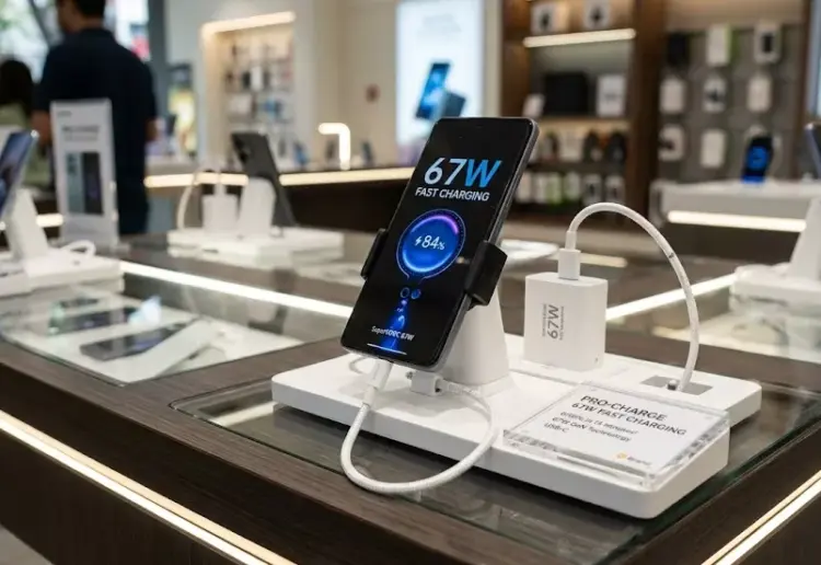 Unit display HP Fast Charging 67W beserta adaptor pengisi daya cepat di toko gadget