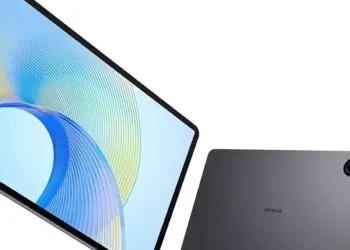 Tampilan bagian depan dan bodi belakang tablet Honor Pad X9 Max berwarna abu-abu metalik.