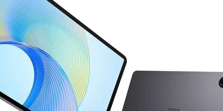 Tampilan bagian depan dan bodi belakang tablet Honor Pad X9 Max berwarna abu-abu metalik.