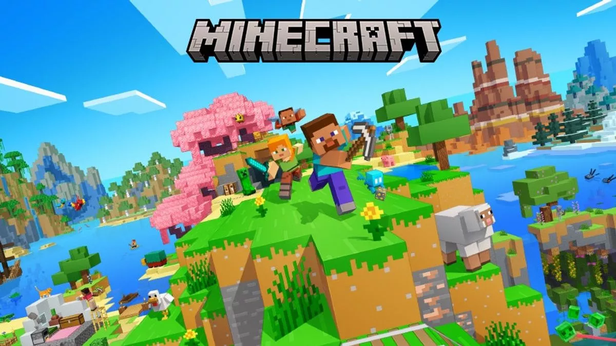 Karakter Steve dan Alex berlari berpetualang di dunia Minecraft yang cerah