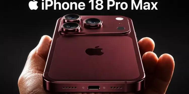 Tangan seseorang memegang iPhone 18 Pro Max warna merah gelap burgundy dengan modul triple camera tebal yang premium.