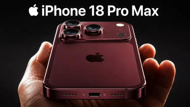 Tangan seseorang memegang iPhone 18 Pro Max warna merah gelap burgundy dengan modul triple camera tebal yang premium.