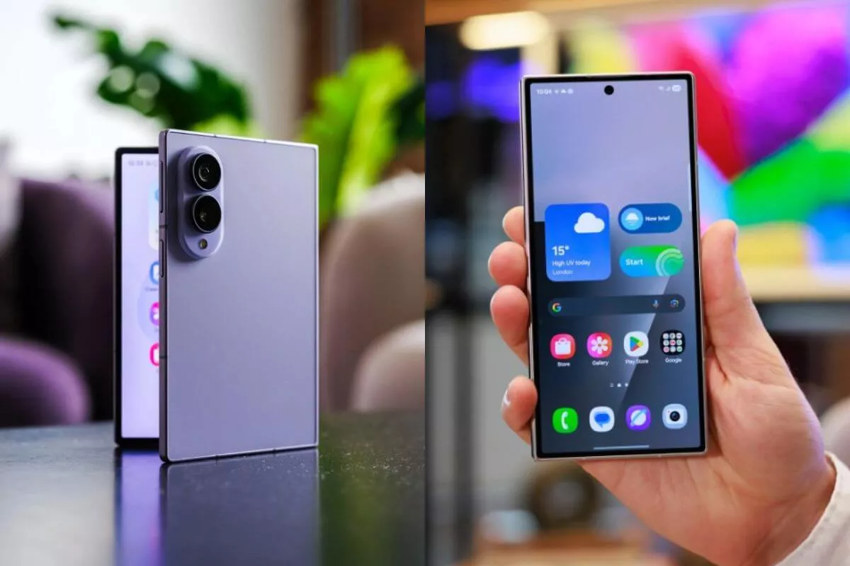 Tampilan layar depan Cover Screen Samsung Galaxy Z Fold8 bodi ungu yang ramping saat digenggam.