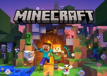 Steve dan Alex keluar dari goa misterius di dunia Minecraft