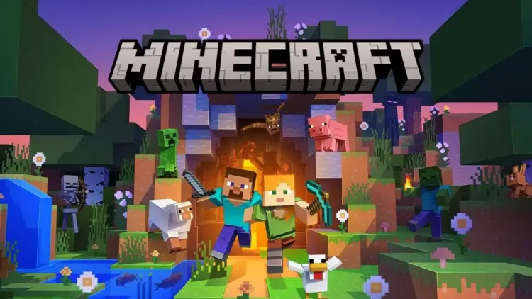Steve dan Alex keluar dari goa misterius di dunia Minecraft