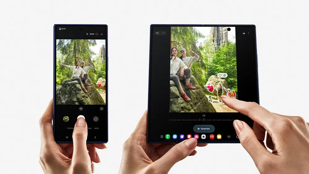 Perbandingan ruang visual bodi smartphone biasa dengan layar utama luas milik HP lipat Samsung Galaxy Z Fold7 saat menjalankan fitur penyuntingan foto AI.