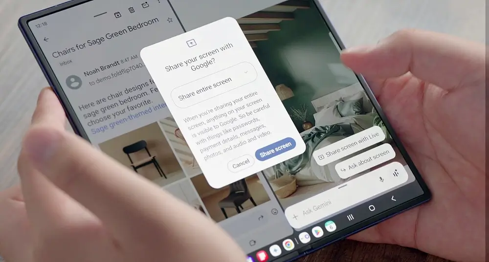 Tampilan antarmuka split-screen dan integrasi Google Gemini untuk mempermudah produktivitas pada HP lipat Samsung Galaxy Z Fold7.