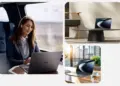 Kolase foto laptop bisnis AI ASUS ExpertBook PM5 G2 yang digunakan oleh profesional untuk produktivitas kerja hybrid di dalam transportasi umum dan ruang kantor modern.