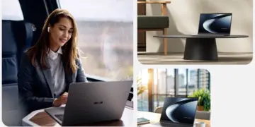 Kolase foto laptop bisnis AI ASUS ExpertBook PM5 G2 yang digunakan oleh profesional untuk produktivitas kerja hybrid di dalam transportasi umum dan ruang kantor modern.