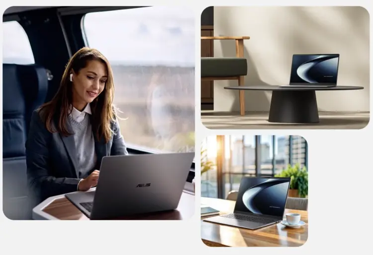 Kolase foto laptop bisnis AI ASUS ExpertBook PM5 G2 yang digunakan oleh profesional untuk produktivitas kerja hybrid di dalam transportasi umum dan ruang kantor modern.