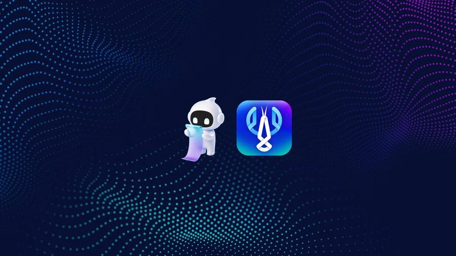 Maskot robot putih membawa kertas hologram di sebelah logo aplikasi ASUS Zenni Claw dengan latar belakang partikel digital biru.