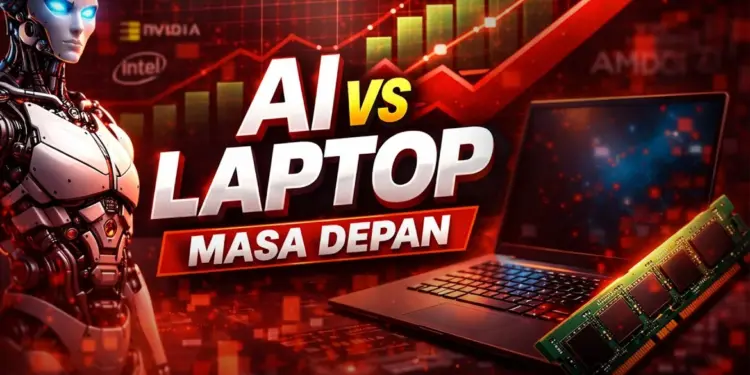 Ilustrasi dampak ekosistem laptop AI PC tahun 2026 terhadap pergeseran industri komersial, kelangkaan komponen RAM, dan teknologi kecerdasan buatan lokal.