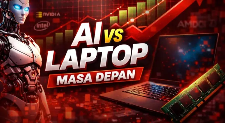 Ilustrasi dampak ekosistem laptop AI PC tahun 2026 terhadap pergeseran industri komersial, kelangkaan komponen RAM, dan teknologi kecerdasan buatan lokal.