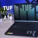Tampilan depan laptop gaming ASUS TUF A16 FA607N dalam posisi terbuka di atas meja kerja dengan latar cahaya biru studio.