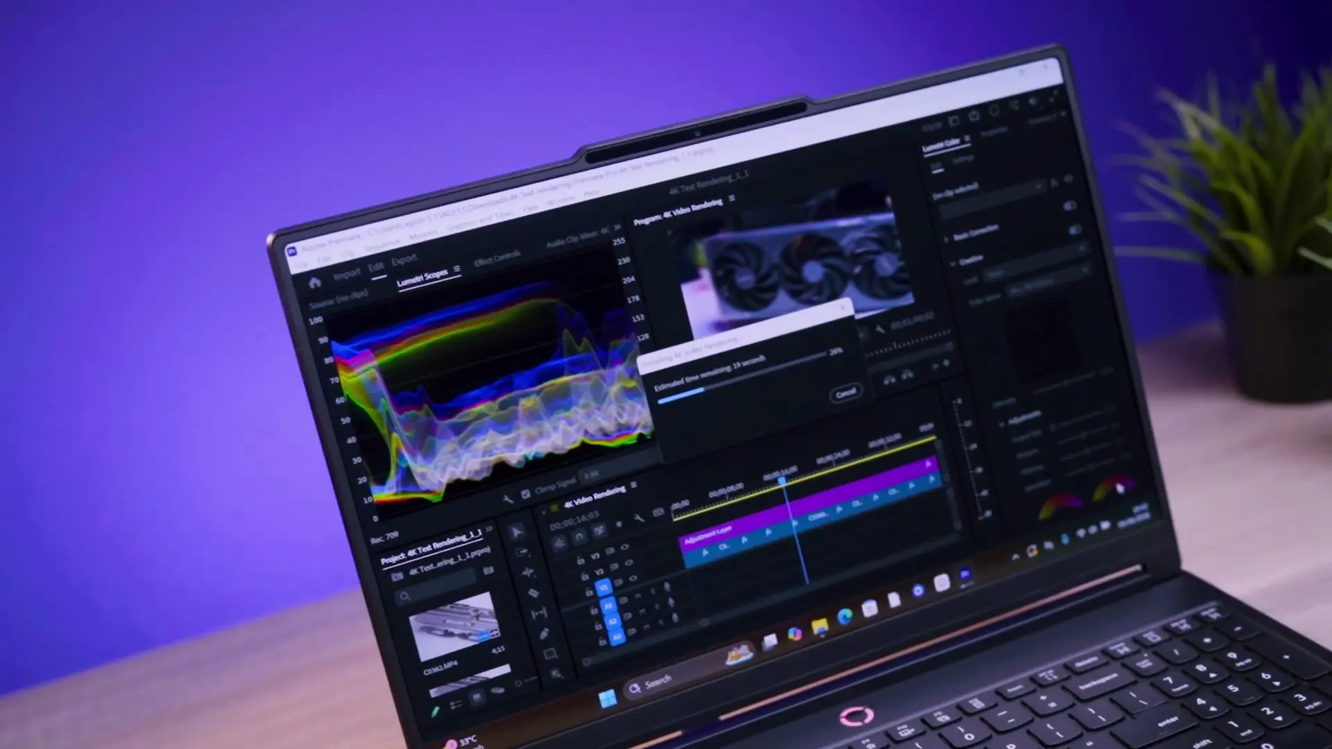 Layar OLED premium Lenovo Legion 5 15AGP11 menampilkan antarmuka software Adobe Premiere Pro saat melakukan proses editing dan color grading video 4K.