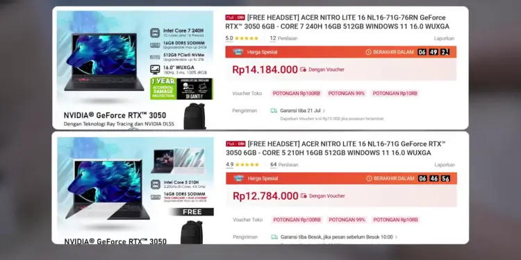 Daftar harga e-commerce rekomendasi laptop 11-15 jutaan terbaik 2026 ACER Nitro Lite 16 Core i7 dan Core i5 RTX 3050 6GB.