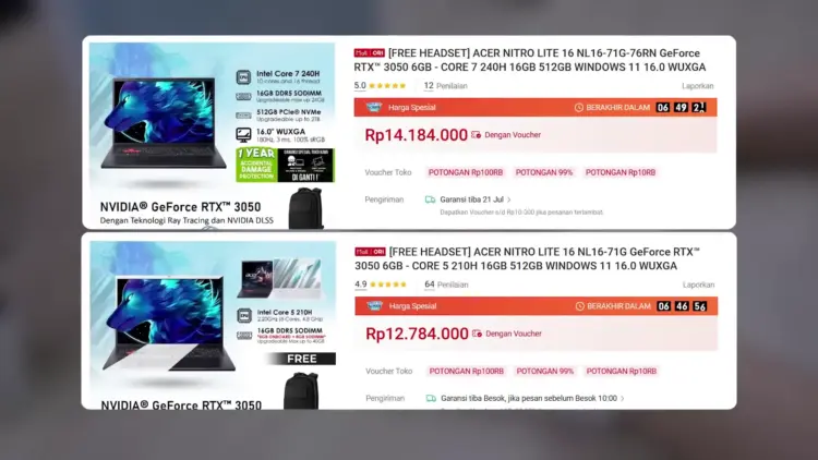 Daftar harga e-commerce rekomendasi laptop 11-15 jutaan terbaik 2026 ACER Nitro Lite 16 Core i7 dan Core i5 RTX 3050 6GB.