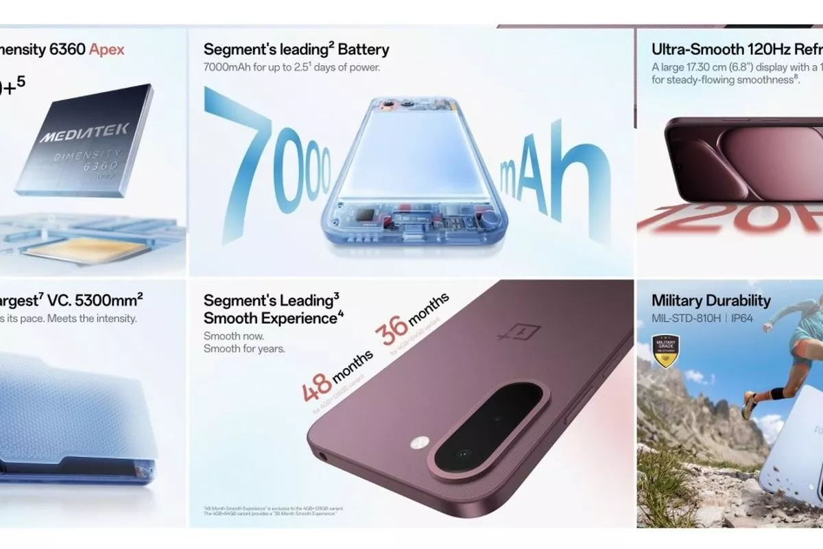 Infografis fitur utama OnePlus N6x yang menampilkan chipset Dimensity 6360 Apex, baterai 7000mAh, layar 120Hz, dan sertifikasi daya tahan militer.