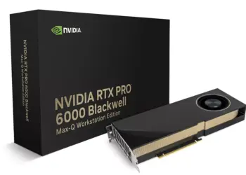 Kotak kemasan NVIDIA RTX PRO 6000 Blackwell Max-Q Workstation Edition di samping kartu grafis fisiknya.