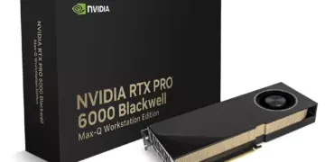 Kotak kemasan NVIDIA RTX PRO 6000 Blackwell Max-Q Workstation Edition di samping kartu grafis fisiknya.