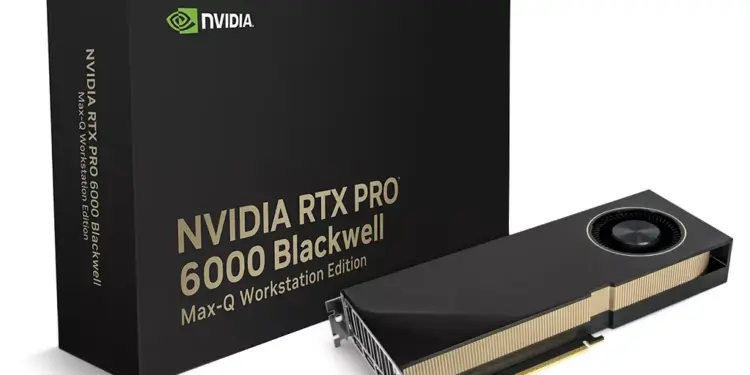 Kotak kemasan NVIDIA RTX PRO 6000 Blackwell Max-Q Workstation Edition di samping kartu grafis fisiknya.