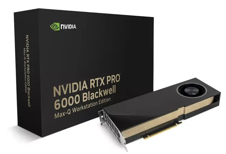 Kotak kemasan NVIDIA RTX PRO 6000 Blackwell Max-Q Workstation Edition di samping kartu grafis fisiknya.
