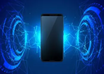 Ilustrasi smartphone hitam berada di tengah pancaran jaringan teknologi dan gelombang elektromagnetik.