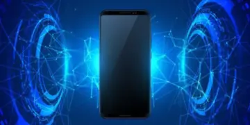 Ilustrasi smartphone hitam berada di tengah pancaran jaringan teknologi dan gelombang elektromagnetik.