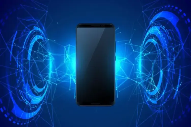 Ilustrasi smartphone hitam berada di tengah pancaran jaringan teknologi dan gelombang elektromagnetik.
